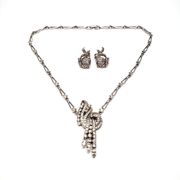 Vintage Engel Bros Sterling Silver Rhinestone Pendant and Earrings Set #7414